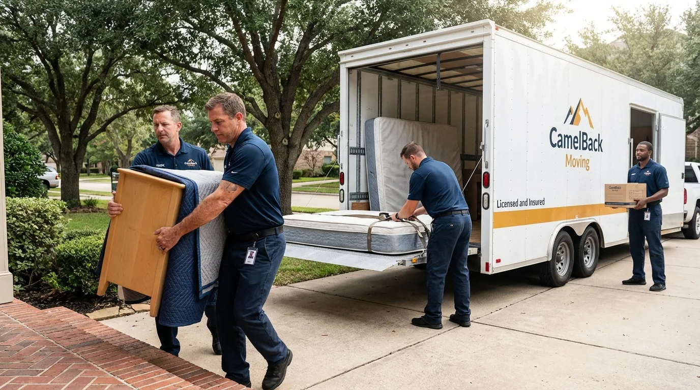 Crew loading residential truck for cross-state move from Fort Hancock, TX