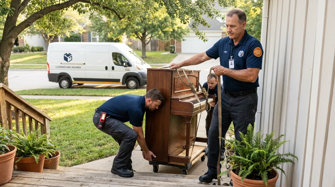 Licensed piano movers securing grand piano in Fort Hancock, TX